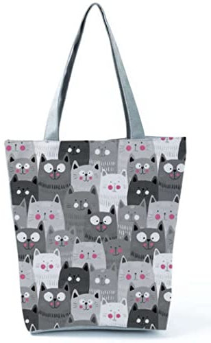 INN Animals Damentasche aus Baumwollleinen, Einkaufstasche, Einkaufstasche, Tragetasche, Einkaufstasche, Einkaufstasche, Einkaufstasche, mit Cartoon-Muster, Tiermotive, Katze, Grau, 37.0 x 27.0 x 8.0