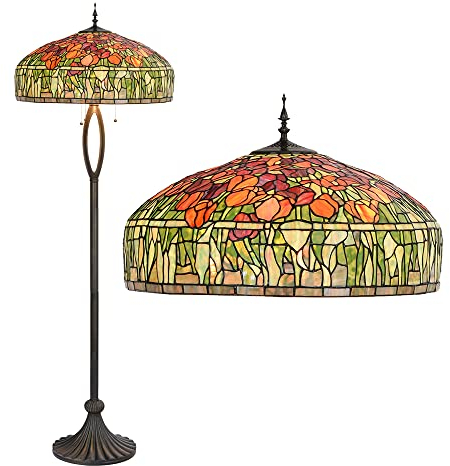 HAES DECO - Tiffany Stehlampe Ø 56x165 cm Grün Orange Glas Tulpen Stehlampe Stehlampe Tiffany Lampe