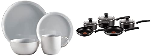 Barbary & Oak BO867004GRY Oslo 16 Piece Dinnerware Set, Stoneware, White and Nimbus Grey & Tefal 5 Piece, Essential, Pots and Pans Set, Non Stick, Aluminium, Black, 5 Count (Pack of 1)