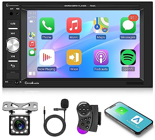 Carplay Autoradio 2 Din con Android Auto con Bluetooth 6,2 Pollici Touchscreen Autoradio con Mirror Link Bluetooth FM Radio USB/AUX/TF/EQ Controllo del Volante + Telecamera Posteriore Microfono