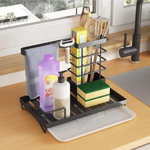 COVAODQ Spülbecken Organizer,Spülbecken Caddy Organizer Schwarz,Lappen Halterung,Küchen Organizer Spüle