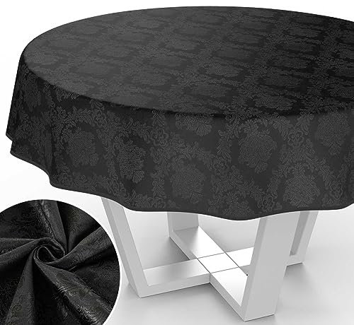 Stoff Tischdecke Textil Tischwäsche Tischtuch Baumwolle Polyester abwaschbar Uni Ornament Damast Jacquard Gewebe waschbar Barock Schwarz Rund 140cm mit Saum (Eingefasst)