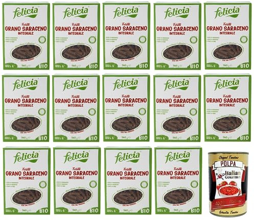 14x Felicia Fusilli di Grano Saraceno Integrale,Pasta mit 100% Bio-Buchweizen,Bio und Natürlich Glutenfrei,Packung mit 340g + Italian Gourmet Polpa di Pomodoro 400g Dose