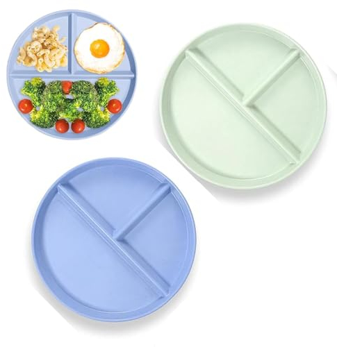 CPRNQY 2 Stück Kinderteller Unterteilt,Kinderteller, Kinderteller Set, Unterteilt Kinderteller Set Baby Geschirr, Wiederverwendbare Teller Für Kinder und Erwachsene(Blau und Grün)