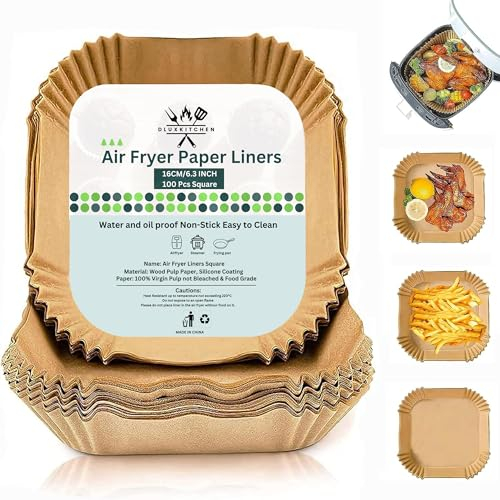 DLUXKITCHEN 100pcs Disposable Air Fryer Liners 6.3 inch Square, Non Stick Parchment Paper for Baking, Roasting, Steamer, and Microwave, Air Fryers Paper Liners Food-Grade Safe and Heat-Resistant