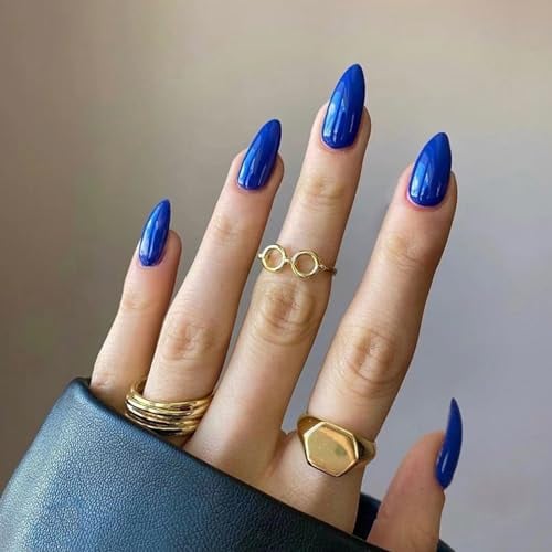 24Pcs Français Faux Ongles Court Amande Press on Nails Couleur Pure Naturel Ongles à Coller Ballerine Capsules Ongles Glossy Acrylique Faux Ongles Autocollants pour Femmes et Filles (Bleu Marine)
