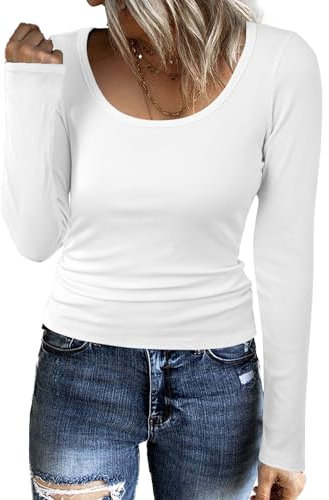 Aottori Long Sleeve Tops Women Round Neck Ribbed Knit T Shirts Ladies Basic Base Layer Underwear Slim Fitted Plain Casual Pullover Tee White M