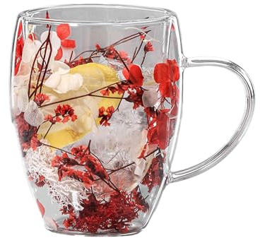 Tasse à café en verre avec fleurs séchées de 350 ml, tasses à café en verre transparent à double paroi, tasses à café isothermes en verre transparent avec poignées, résistantes à la chaleur, pour