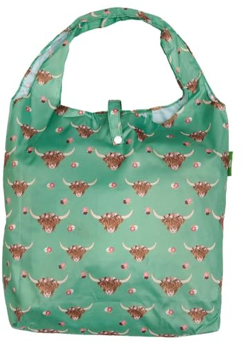 ECO CHIC Leichte, faltbare wiederverwendbare Einkaufstasche, wasserabweisende Tragetasche, Hochlandkuh mit Blumenmuster, Grün, Expandable