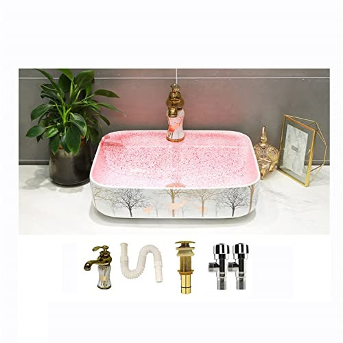 Unité de lavabo de comptoir rectangulaire en céramique, évier de lavabo de toilette de salle de bains avec robinet et drain, art européen, robinet monotrou de