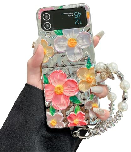 Flower Case Compatible with Samsung Galaxy Z Flip 3 with Chain, Cute Colorful Floral Pattern Pleated Design Electroplated Case Cover for Z Flip 3 for Women