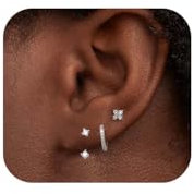 Kenivira 3 Paare Ohrringe - Silber 925 für Damen - 14 Karat Vergoldete Ohrstecker und Creolen Sets für Mehrere Piercings