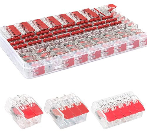 Zueyen 75 morsetti per cavi elettrici, design piccolo, con trasparente, 35 morsetti a 2 poli, 25 morsetti a 3 poli, 15 morsetti a 5 poli in scatola di immagazzinaggio (rosso)