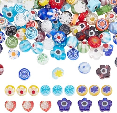 arricraft 120 pieza de Cuentas de Vidrio Millefiori, 5 estilo de Cuentas de Cristal de Murano con Forma de Corazón Redondo, Planas Y Redondas, Espaciadoras Sueltas para Hacer Joyas