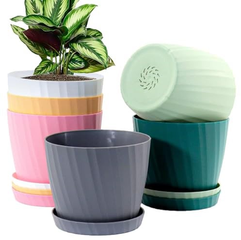 MUAEEOK 18CM 6 Pack Plant Pots Indoor Plastic Planters with Drainage Holes and Saucers for Indoor Outdoor House Plants and Flowers Modern Decorative Planter Pot for All House Plants (Multicolor)