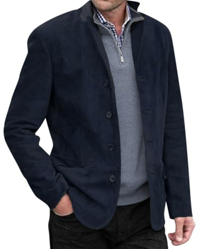 Onsoyours Blazer Décontracté à Col Montant pour Homme avec Poche à Revers et Manches Longues en Daim Vintage Décontracté Slim Bouton Costume d'affaires Blazer Veste B Bleufoncé M