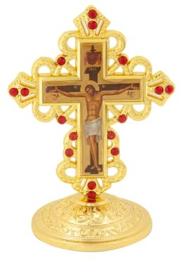 RZRHMUHN Orthodoxes Kreuz, Metallkreuz, Kruzifix, russisch-orthodoxes stehendes Kreuz, Kirchen, Hochzeiten, Beerdigungen, 8,9 x 6,6 cm
