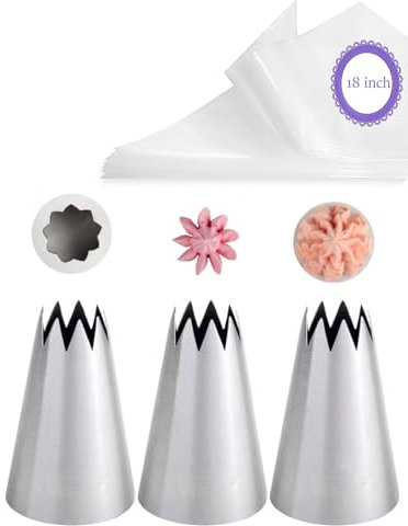 Extra Large Piping Bags and Tips,Churros, Eclairs, Meringues Open Star Icing Tips & 20 Piping Bags Disposable - 18 inch Thick for Pastry Decorating
