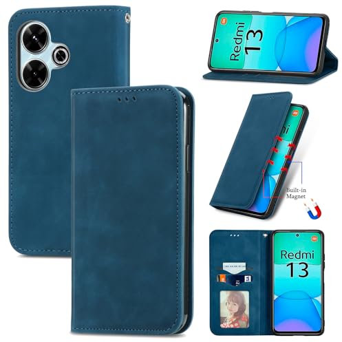 Cracedily Handyhülle für Xiaomi Redmi 13 4G Hülle, Klapphülle Premium Lederhülle Klappbar Flip Case Tasche Magnet Kartenfach Standfunktion Klapphülle Schutzhülle für Poco M6 4G, Blaugrün