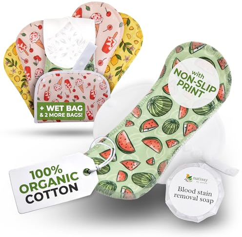 Serviettes hygiéniques lavables bio avec imprimé antidérapant pour filles et ados (S+M, x6); serviettes menstruelles réutilisables en coton, lavables à haute T°, protection périodique non irritante