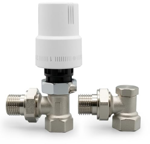 VANCOCO Válvula termostática G1/2 + rosca de retorno con conexión roscada para radiadores, juego completo en forma de esquina, cabezal termostático, válvula de calefacción, color blanco, sensor