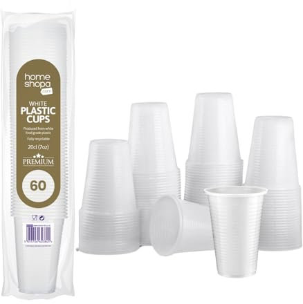 HOMESHOPA 200ml White Plastic Drink Cups, 60 Pack Food Grade Disposable, Vending Style Plastic Tumblers, Glasses for Travel, Barbeque, Wedding, Cocktails, Christmas Party, Water Dispenser, Beer 7oz