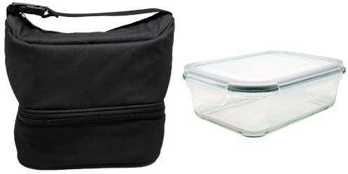 NERTHUS FIH 1502 Fiambrera térmica tipo bolso negra con recipiente hermético de cristal 640ML, bolsa porta alimentos con doble compartimento, interior aislante, con asa, ideal para trabajo y oficina