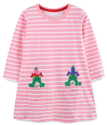 DAWILS Mädchen Kleid Casual Festlich Kleidung Herbst Halloween Langarm Frosch Streifen Rosa Baumwolle Partykleid Blusenkleid Geburtstag Kleider 7 Jahre