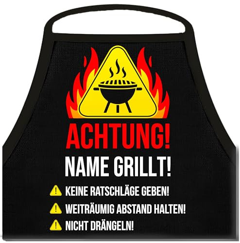 Shirtoo Lustige Grillschürze: ACHTUNG Name grillt! - Personalisiert mit Namen - Geschenk Idee für leidenschaftliche Grillmeister