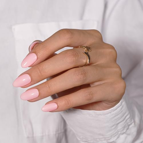 KQueenest Baby Pink Press on Nails Short Oval, Short False Nails with Glue, Opaque Solid Light Pink Fake Nails Press ons, Reusable Soft Gel Stick on Nail for Women Finger Decoration, 24 Pcs