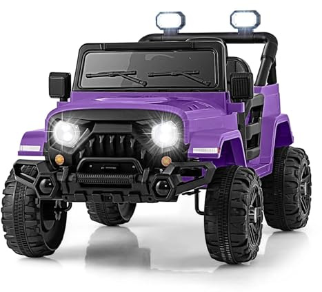 12V Kids Ride on Car, Battery Powered Electric Vehicle Truck with with Remote Control, Wireless, LED Lights, Music, Horn, 2 Motors Off Road Toy for Boys Girls 3+ Years Old (Purple)