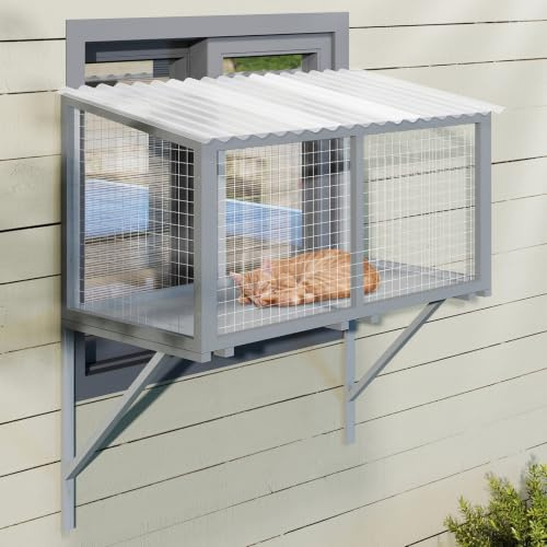 Outdoor Katzenfenster Catio aus Holz – Wetterfester Katzen-Fensterkasten mit verzinktem Drahtgitter & PVC-Dach, Große Aussichtsplattform für Katzen, Stabil an der Wand montierbar (Dunkelgrau)
