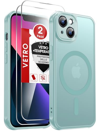 LeYi Cover Magnetica per iPhone 13 con Vetro Temperato(Verde chiaro) | Custodia per iPhone 13 Traslucida Opaca Anti-Impronte Resistente ai Graffi Paraurti in TPU Antiurto Protettiva Case