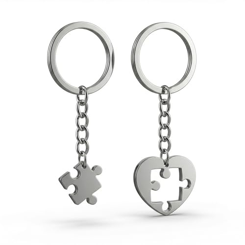 FooYee 2Pcs Couples Keyrings, Love Heart & Jigsaw Puzzle Keyrings Pair, Stainless Steel Couple Keyrings, Romantic Gifts for Him or Her, Gifts for Couples, Perfect for Valentines Day
