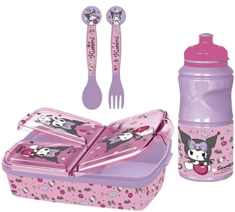 Set Scuola bambino - Portapranzo 3 Scomparti, Posate e Borraccia, Pranzo e Merenda, Ideale per Bambini e Fan Disney (Kuromi)
