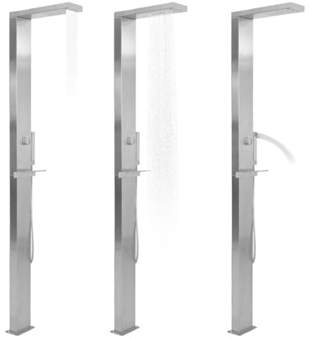 Ziaphsol Doccia da giardino in acciaio inox quadrata, argento, con doccia a pioggia e doccetta, acciaio inox spazzolato 201, 15 x 44 x 210 cm, per giardino, terrazza, piscina e spa
