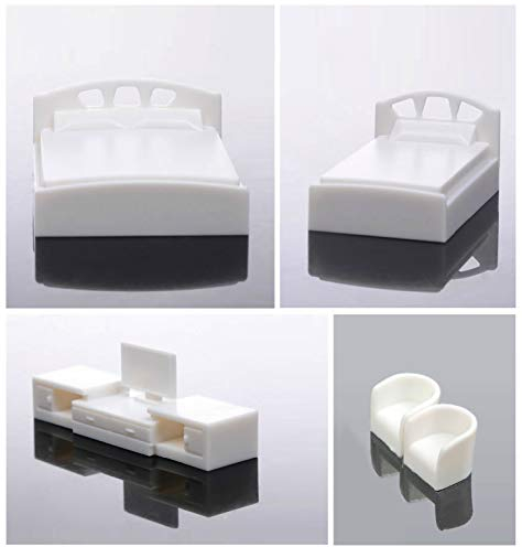 Archifreunde 5er Set Modell Schlafzimmer Möbel 1:50/75/87, Spur 0/00/H0, Doppelbett + Einzelbett + TV + 2 Sessel (1:75/87)