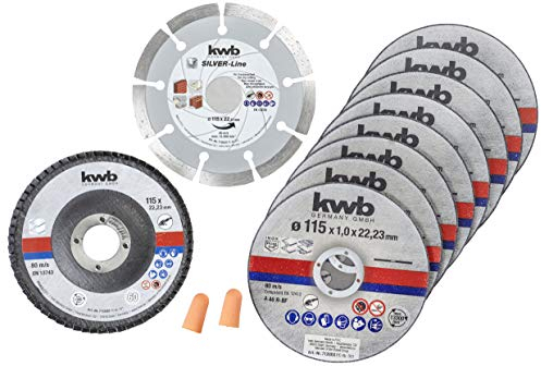 KWB Trennscheiben + Diamant-und Schleifscheibe, Ø Dünn Winkelschleifer 115 mm Trenn-Scheibe f. Edel-Stahl INOX in Aufbewahrungs-Dose inkl. Ohrstöpsel ABM. 115 x 1 x 22,23, Ø