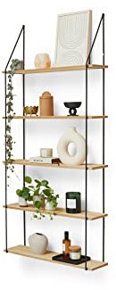 LIFA LIVING Vintage-Wandregal 5 Etagen aus Holz und Metall, dekoratives Schweberegal für Küche, Hängeregal für Wohnzimmer, Schlafzimmer, 60 x 17 x 138,5 cm