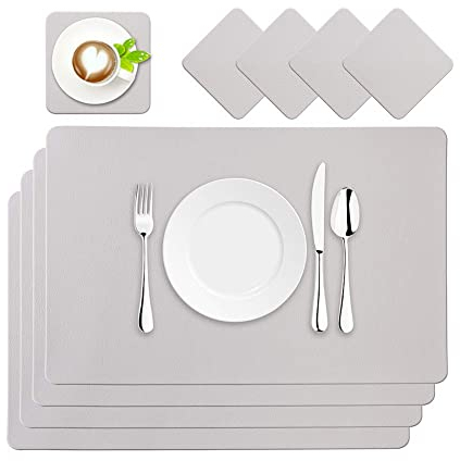 BaoWnylz Tischsets Leder Platzsets PU Kunstleder Platzdecken Grau 4er Sets Abwaschbar Wasserdicht 45x30cm und Quadratischer Glasuntersetzer für Hause Küche Restaurant