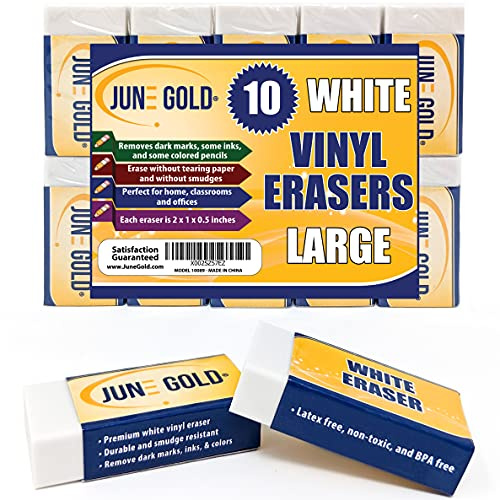 June Gold 10 Large White Vinyl Erasers - Heavy-Duty Eraser for Darker Graphite, Some Inks, and Some Colors