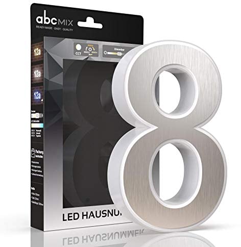 abcMIX LED Hausnummer, personalisierbare beleuchtete Hausnummer, Hausnummernleuchte mit LED - Hausnummer 8, Farbe EDELSTAHL, Lichtfarbeneinstellung, Dimmbarkeit