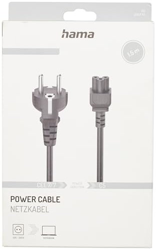 Hama Câble d'alimentation Secteur avec Terre (câble Alimentation pour Ordinateur/Notebook/TV, Adaptateur Secteur, Prise de Terre Type F, Fiche trèfle à 3 Broches, 1.5 m, Garantie 10ans) Noir