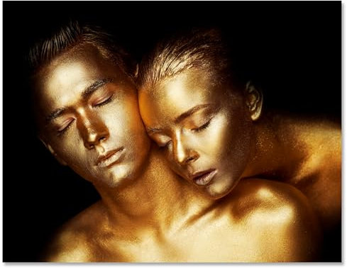 wandmotiv24 Imagen sobre Lienzo, colección Gold, tamaño 60x45cm, Formato apaisado, Mujer y Hombre en Dorado Metalizado, Top Model, Maquillaje, Purpurina,decoración de apartamento Moderno M0175