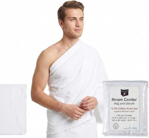 Ihram Homme Omra, Hajj et Omra Ensemble Ihram Homme 2 Pièces 100% Coton, Respirant, Lavable, Séchage Rapide, Tissu Doux sans Couture 110 x 220 cm Ehram