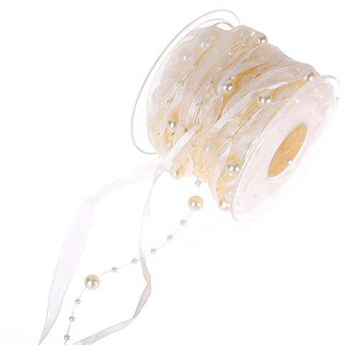 Duories 10m Perlengirlande mit Organza,8+3mm Perlenband,Geschenkband,Trendyband,Schleifenband,Dekoband Hängedeko Tischdeko Dekokette für Hochzeit Weihnachten Taufe Geburtstagsgeschenke,Beige