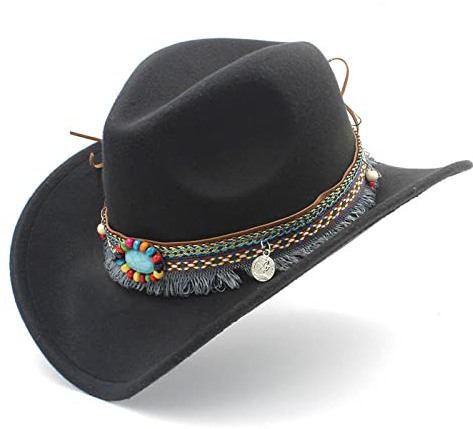 BAOZENGMUY Cowboyhüte Hohl Western Cowboyhut Quaste Gürtel Jazz Cowgirl Sombrero Cap Größe 52-54Cm 56-58Cmadult Schwarz