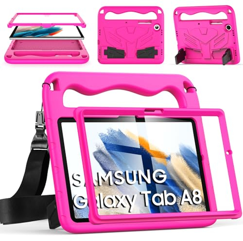 DUZZONA Funda Niños para Samsung Galaxy Tab A8 10,5 Pulgadas 2022 (SM-X200/X205/X207) con Protector de Pantalla Incorporado, Asa Infantil y Correa de Hombro, Funda Infantil Antichoque, Magenta