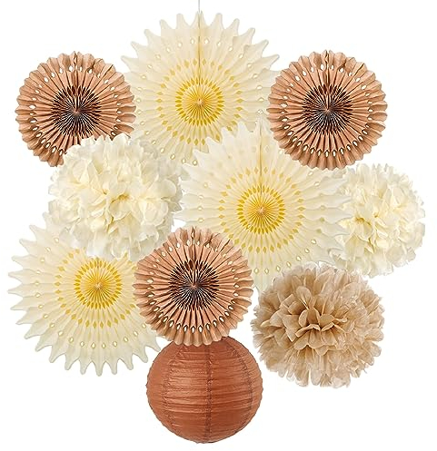 SUNBEAUTY 10 Stück Beige Braun Pompons Deko Lampions Boho Seidenpapier Pompoms Geburtstagsdeko Papier Fächer Party Deko für Geburtstag Hochzeitsdeko Vintage Zimmer Dekoration Babyparty Neutral