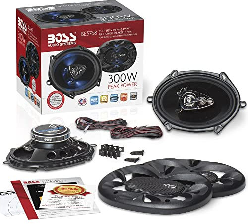 2 altoparlanti ovali coassiali KIT SET PER BOSS AUDIO SYSTEMS BE5768 a led blu 4 vie 5 x 7 130 x 180 mm 150 watt rms 300 watt max 4 ohm 90 db, sospensione gomma, a coppia + griglie e cavi omaggio